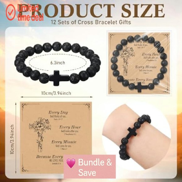 12 Natural Stone Cross Bracelets Set Christian Gift Stretch Fit - Picture 3 of 8